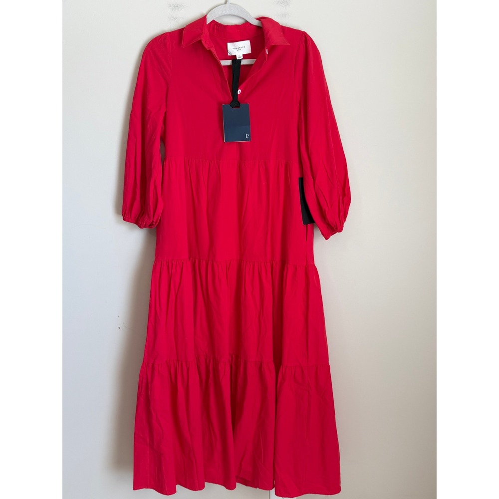 Tuckernuck Pomander Place Midi Dress Womens XS Red Tiered Cotton Puff Sleeve